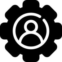A black and white gear icon with a person inside vector