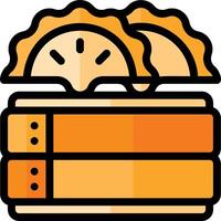 A stack of books with a slice of pie on top vector
