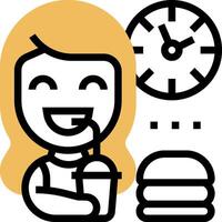 A woman holding a hamburger and a clock vector