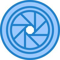 A blue circular icon with a camera lens vector