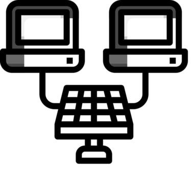A black and white image of two computers connected to a solar panel vector