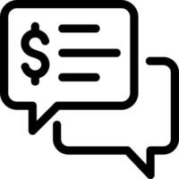 A black and white icon of two speech bubbles with a dollar sign vector