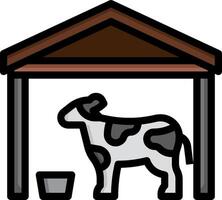 A cow is standing under a shelter with a bucket vector
