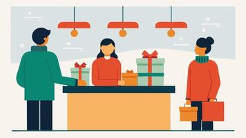 Checkout Line A shopper standing in line at a checkout counter ready to pay for gifts with holiday decorations hanging from the ceiling above.. vector