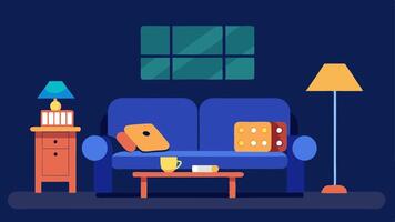 Cozy Living Room Setup A warm and inviting living room with a large plush sofa a coffee table cluttered with board games and warm lighting from a lamp.. vector