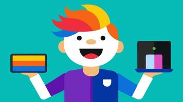 Cheerful Vlogger An influencer with colorful hair smiling widely while holding a sleek gadget in one hand and a tablet displaying Black Friday Deal in the other.. vector