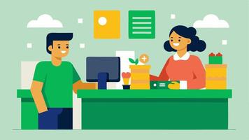 Checkout Counter A bustling checkout counter where a cashier assists a customer surrounded by cheerful decorations and signs encouraging green shopping.. vector