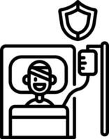 A black and white line icon of a man in a hospital bed vector