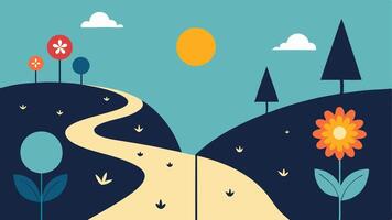 A minimalist depiction of two paths diverging in a forest. One path is bright and sunny with flowers representing mindful purchases while the other is dark and cluttered.. vector