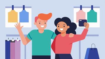 Casual Dressing Two friends taking selfies while trying on outfits in a brightly lit area with Big Sale Today posters on the walls.. vector