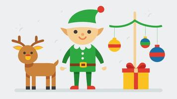 Elf with Reindeer An elf standing beside a festive reindeer both holding Holiday Sale signs encouraging shoppers surrounded by colorful lights and ornaments.. vector