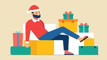 A man lounging on a bench with his feet up wearing a Santa hat and a satisfied grin surrounded by an array of shopping bags filled with clothes and gifts.. vector