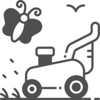 A lawn mower and butterfly are shown in a black and white illustration vector