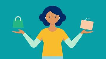 A woman comparing two items in her hands while a Buy One Get One Free sign captures her attention from above.. vector