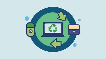 Animated Recycle Button A large animated button stating Recycle Save with old electronics around it symbolizing the easy action of participating in the tradein program.. vector