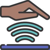 A hand is touching a tablet with a wireless signal vector