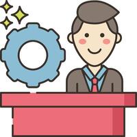 A man in a suit is sitting at a desk with a gear wheel vector