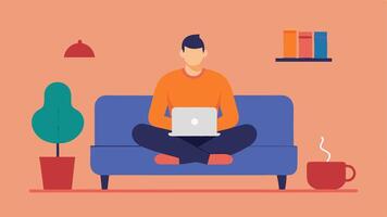 Digital Detox An illustration of a person sitting on a couch with a laptop closed with a coffee mug in hand showing a focus on relaxation rather than online shopping.. vector