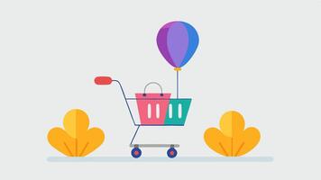 Balloon Adventure A shopping cart lifted effortlessly by colorful hot air balloons drifting toward a SALE banner that features fun illustrations of items on sale.. vector