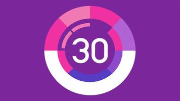 Circular Countdown A circular countdown timer with a gradient background transitioning from pink to purple and a bold white font for numbers counting down from 30 seconds.. vector