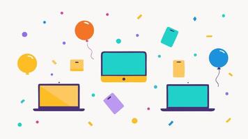 Confetti and Balloons Laptops and PCs surrounded by colorful confetti and balloons conveying a festive sale atmosphere.. vector