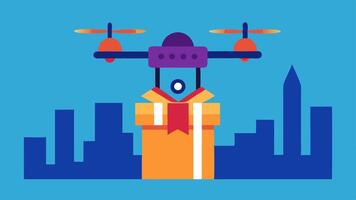Drone on the Move A sleek compact drone zipping through a vibrant city delivering packages with a festive design indicating a special Cyber Monday sale.. vector