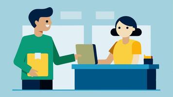 Customer Service Interaction A friendly customer service representative helping a customer return an item with a receipt and a product box on the counter.. vector