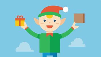 Elf Waving A friendly elf waving at passing shoppers with one hand holding a flyer and the other gesturing towards a large Holiday Sale banner overhead.. vector