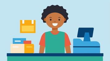 Cash Register A scene showing a student at a cash register smiling as they pay for their items surrounded by bags and discounted school supplies.. vector