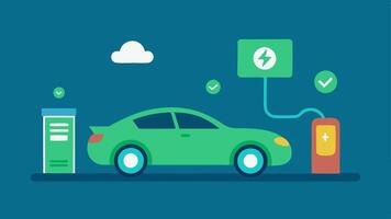 Electric Car Charging Station A sleek electric car plugged into a charging station with a banner overhead offering Special Cyber Monday Prices and small green icons representing. vector
