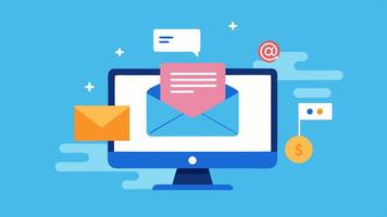 Email Notification for Sale An open email inbox on a computer screen with a highlighted email labeled Cyber Monday Deal and enticing visuals of products.. vector