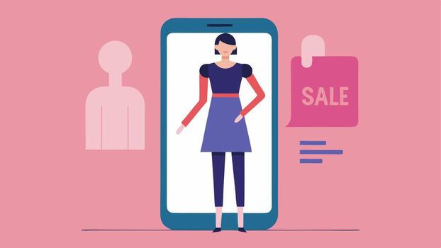 Moda modelo monitor el teléfono inteligente pantalla vitrinas un imagen de un modelo vistiendo Destacados artículos con un negrita en rebaja bandera superposición el imagen.. vector