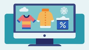 EndofSeason Sale A computer screen displaying a popup promoting an endofseason flash sale with winterthemed graphics showcasing clothing and accessories at reduced prices.. vector