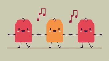 Conga Line A row of price tags in a conga line dance arms linked together with smiles on their faces swaying side to side while musical notes float around them.. vector