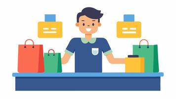 Checking Out A satisfied customer at the checkout counter with a few shopping bags while colorful sale signs are visible around the store.. vector