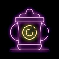 Neon sign showing a reusable coffee cup with lid on black background vector