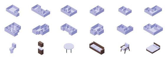 Floor plan empty rooms icons set. Architect designing house plan with furniture in isometric view vector