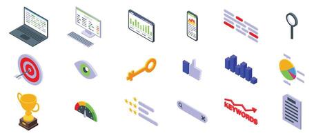 Keywords ranking icons set. Search engine optimization icons showing targeting, vision, keywords, and success vector