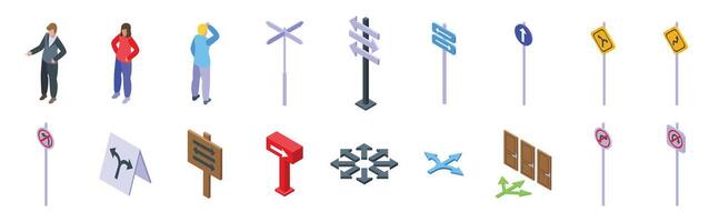 Choosing multiple directions icons set. People making decisions and different direction signs icons set isometric view vector