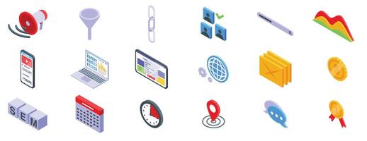 SEM icons set. Search engine marketing management icons showing strategy for reaching target audience vector