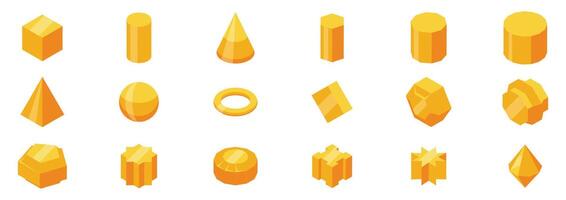Gold polyhedron icons set. Set of 3d geometric shapes representing different figures in vivid yellow tones vector