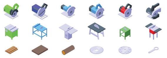 Circular saw machine icons set. Circular saw and table saw icons showing woodworking tools for carpentry and construction vector