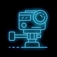Glowing neon action camera icon for photography and videography projects vector