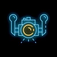 Neon satellite orbiting earth icon glowing against dark background vector
