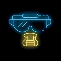 Neon respirator mask with protective glasses icon glowing on dark background vector