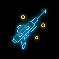 Glowing neon line satellite flying in space icon isolated on black background vector illustration