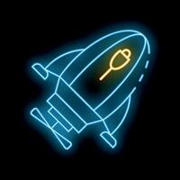 Blue neon rocket ship glowing on a black background vector
