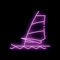 Neon windsurfing on the sea with sail and board at night vector