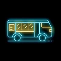 Blue and yellow neon bus icon glowing on black background vector