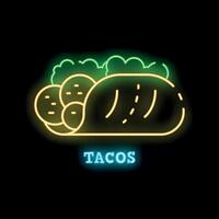 Neon sign showing delicious tacos with salad and meat vector